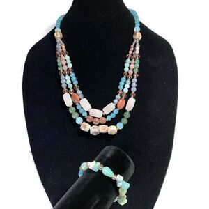 C1946 Multi Color Strands and Stones Necklace with Matching Stretch Bracelet